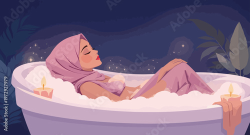 Woman relaxing in a bubble bath.