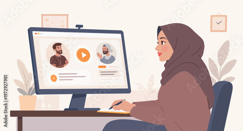 woman in hijab working on computer.