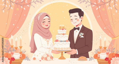 Happy Muslim couple celebrating wedding day.