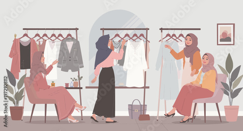 women in hijab shopping and trying on clothes.