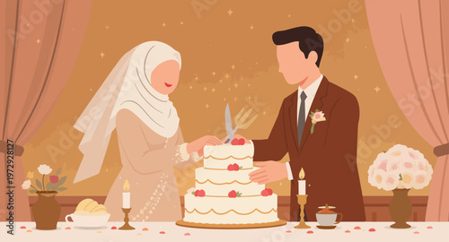 Muslim couple celebrating wedding reception.
