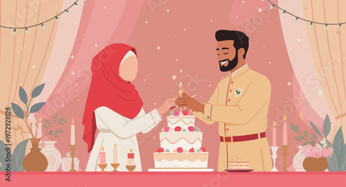 Muslim couple celebrating wedding anniversary with cake.