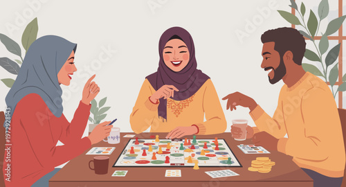 Diverse group of friends playing board game.