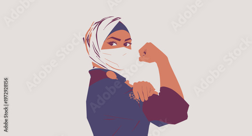 Illustration of a strong woman wearing a headscarf and face mask flexing her arm.