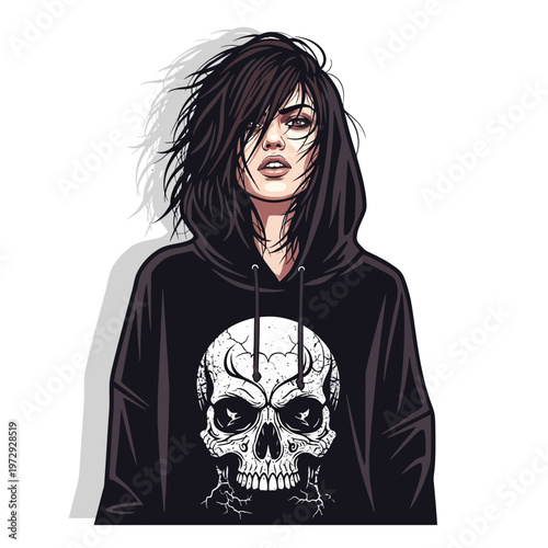 Gothic girl with skull hoodie, dark fashion, edgy style, urban portrait
