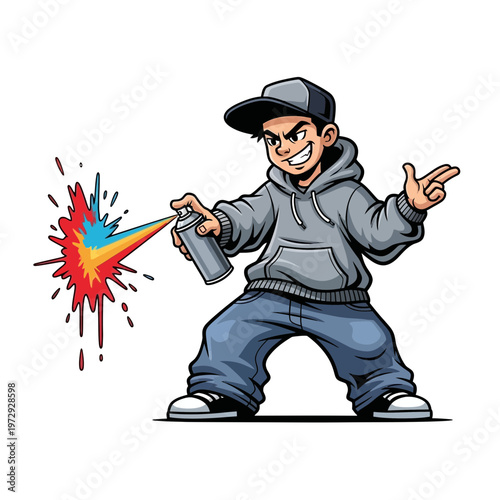 Graffiti artist spraying colorful paint from a can, urban street art style, young boy character