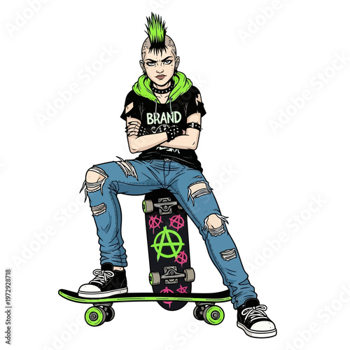 Punk girl with mohawk and skateboard, rebellious attitude, urban style, ripped jeans