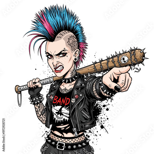 Punk girl with mohawk and spiked bat pointing aggressively