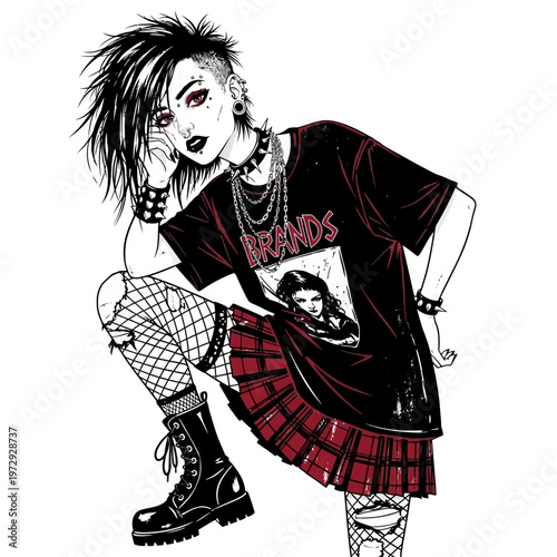 Punk girl with mohawk, ripped fishnets, plaid skirt, and band t-shirt