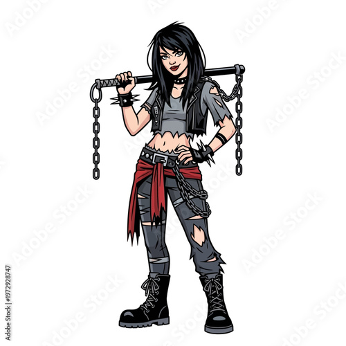Punk girl with nunchucks, ripped clothes, and combat boots, standing confidently.
