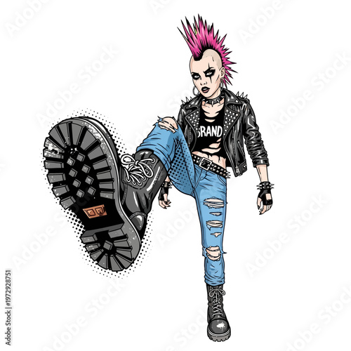 Punk girl with pink mohawk and ripped jeans kicking forward, isolated on white