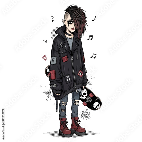 Punk girl with skateboard, ripped jeans, leather jacket, and combat boots