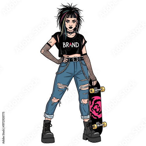 Punk girl with skateboard, ripped jeans, fishnet top, and colorful hair