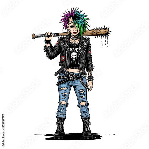 Punk girl with spiked baseball bat, leather jacket, ripped jeans, mohawk hair