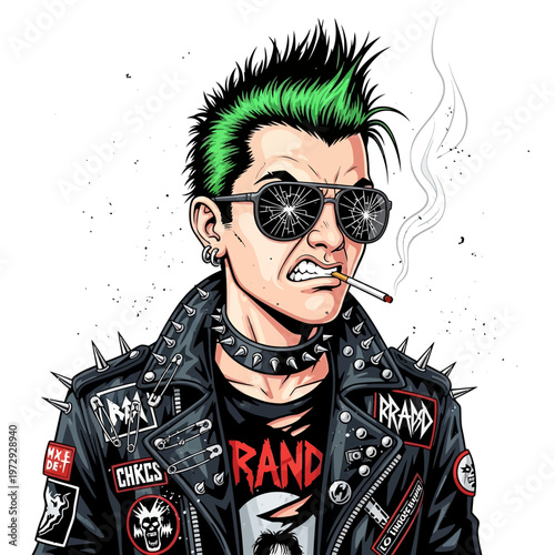 Punk rocker with green mohawk, sunglasses, and leather jacket smoking cigarette
