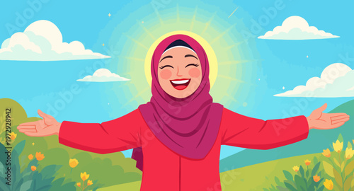 A joyful woman wearing a hijab standing in a sunny meadow with open arms.