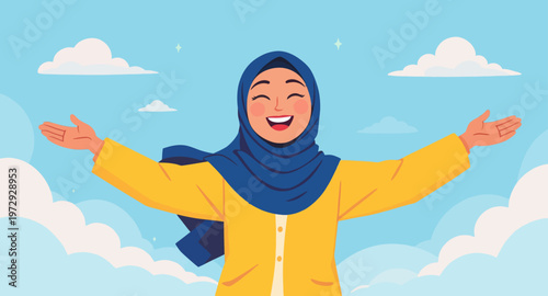 A smiling woman wearing a hijab and yellow jacket with arms outstretched.
