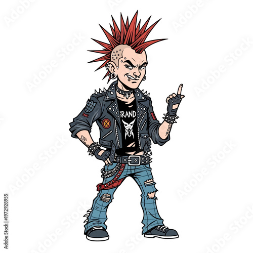 Punk rocker with mohawk and leather jacket, pointing finger