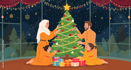 Family decorating Christmas tree together indoors.