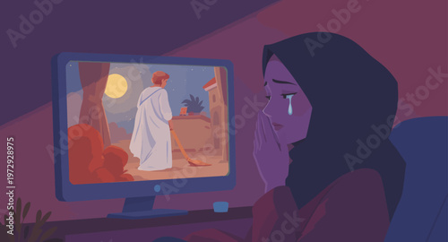 Sad woman watching emotional movie on computer.
