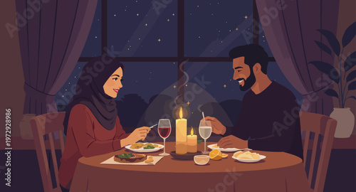 Couple enjoying a romantic candlelit dinner.