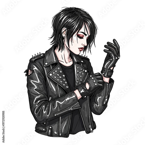 Punk Woman in Leather Jacket and Gloves, Rock Style, Edgy Fashion