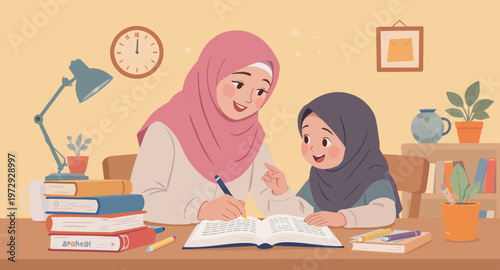 Woman and girl studying together indoors.