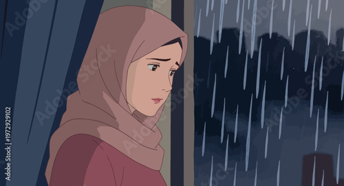 Woman in hijab looking out rainy window.