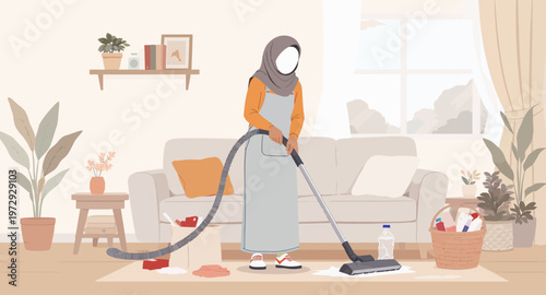 Woman wearing hijab vacuuming living room floor.