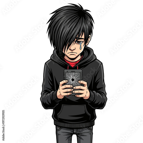 Sad Teenager with Broken Phone Screen