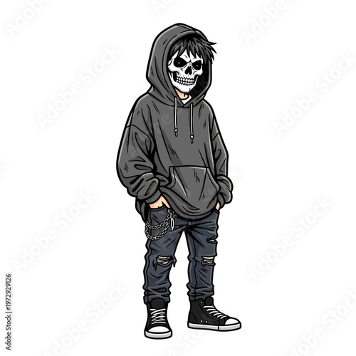 Skeleton Masked Teenager in Hoodie and Ripped Jeans