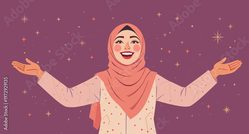 A smiling woman wearing a headscarf gesturing.