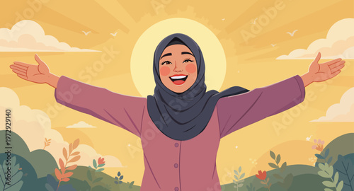A smiling woman wearing a hijab standing with arms outstretched in a sunny landscape.