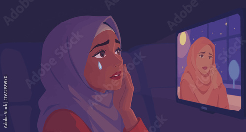 Sad woman in hijab watching TV.