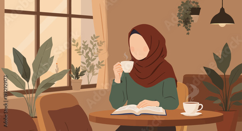 Woman in hijab reading and drinking coffee.