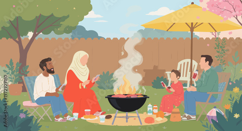 Family enjoying a backyard barbecue together.