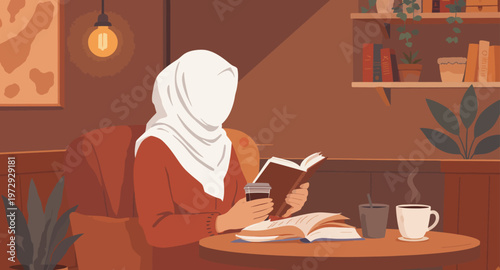 Woman reading book in cozy cafe.