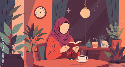 Woman reading book in cozy cafe.