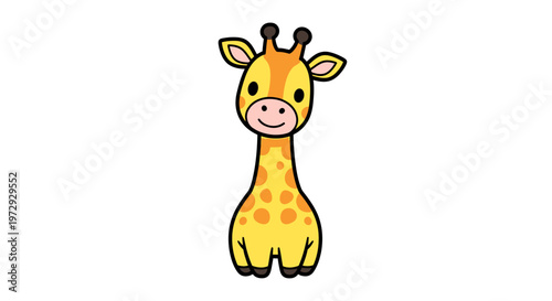 A cute cartoon giraffe stands smiling in a field of green grass outdoors.