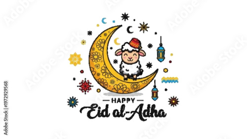 Happy Eid al-Adha Greeting Card with Cute Sheep on Crescent Moon