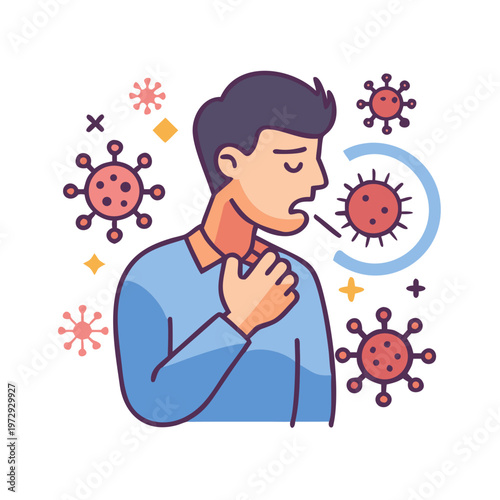 Man with sore throat, coughing, surrounded by coronavirus symbols, illness concept