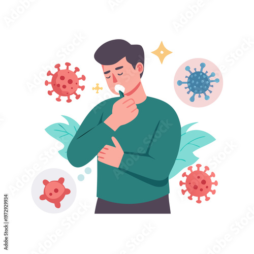 Man with sore throat, coughing, surrounded by coronavirus symbols, illness concept