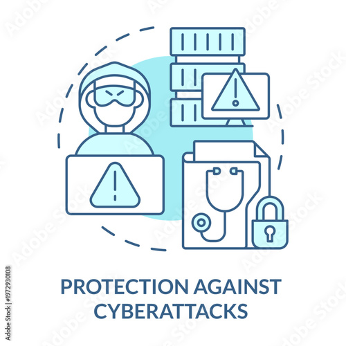 Cyberattack protection Concept: Illustration depicting data security with symbolic images of hacker, computer, and file security. Emphasizing cyber safety and threat prevention.