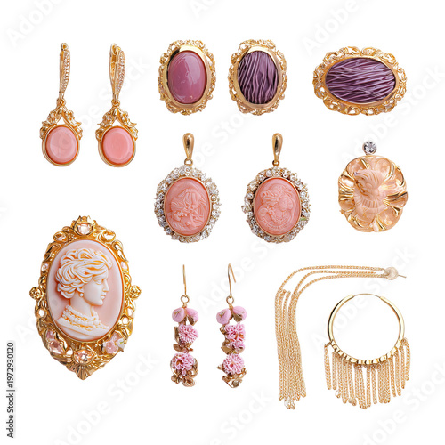 Array of ornate vintage jewelry, gold tone, various shapes, intricate designs, isolated