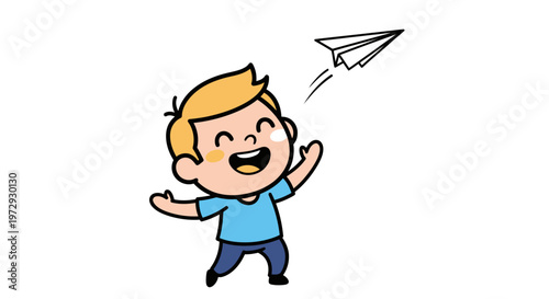 A cute boy playfully throws a paper airplane in a sunny outdoor setting.