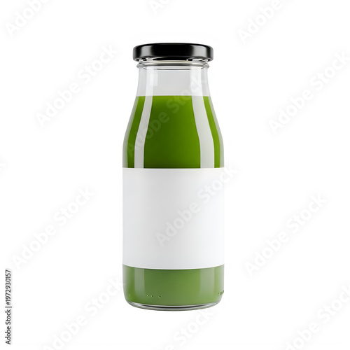 A glass bottle of green juice isolated on white background