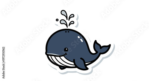 A cute cartoon whale swims playfully in the ocean with water splashing.
