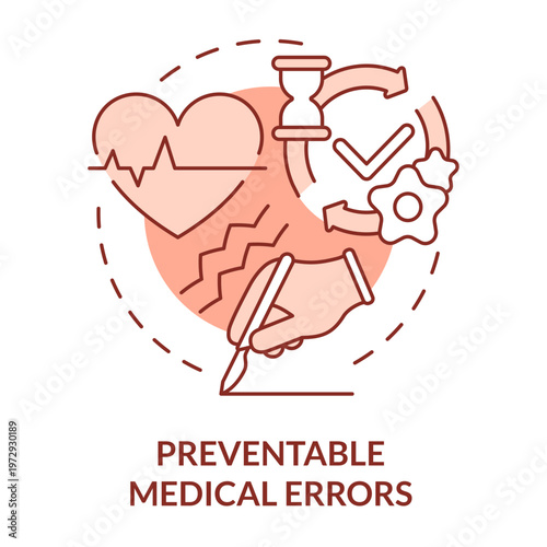 Preventable Medical Errors: A conceptual illustration highlighting key symbols represents an innovative approach to improve patient safety. The image includes a heart rate monitor, hourglass.