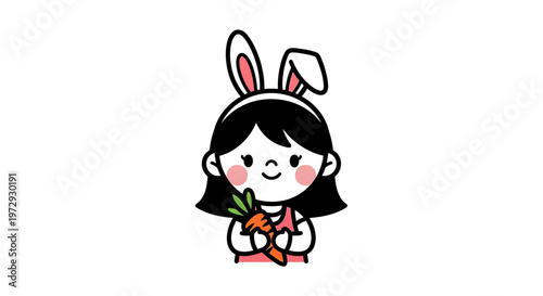A cute girl wearing bunny ears holds a carrot in her hands.