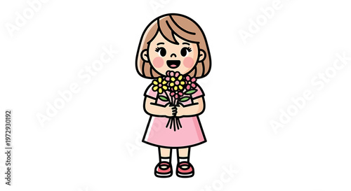 A cute little girl holds colorful bouquet of flowers with excitement indoors